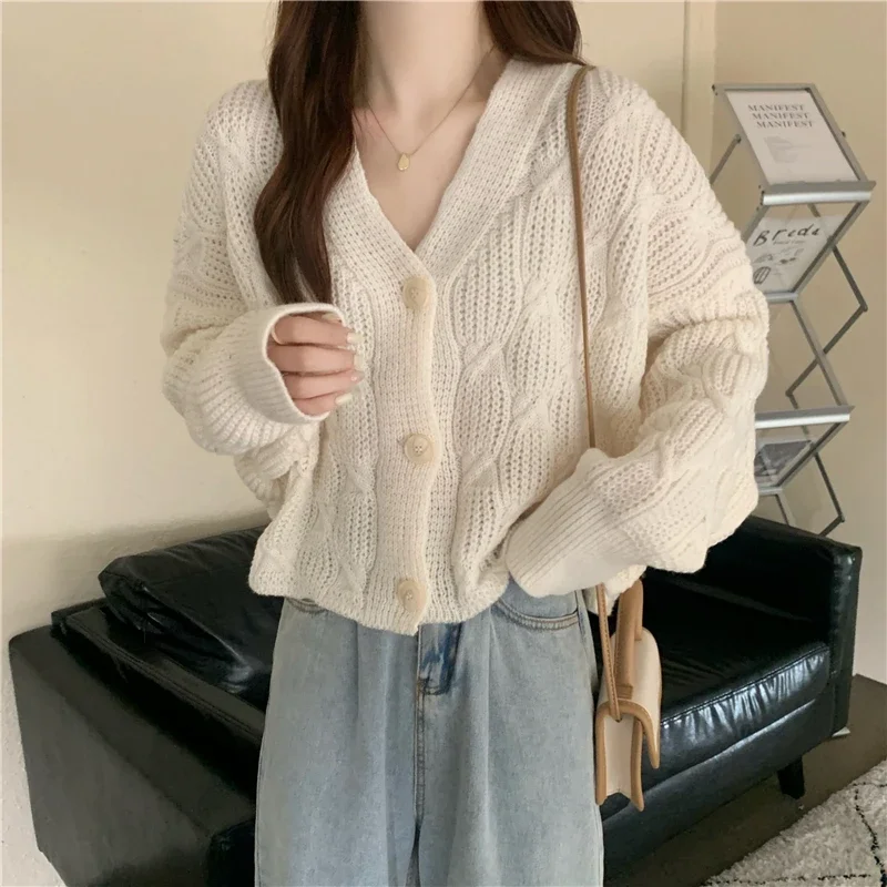 Retro Sweater Women Autumn Winter Loose Short Knit Cardigan Coat Crop Top Y2k Knitted Cropped