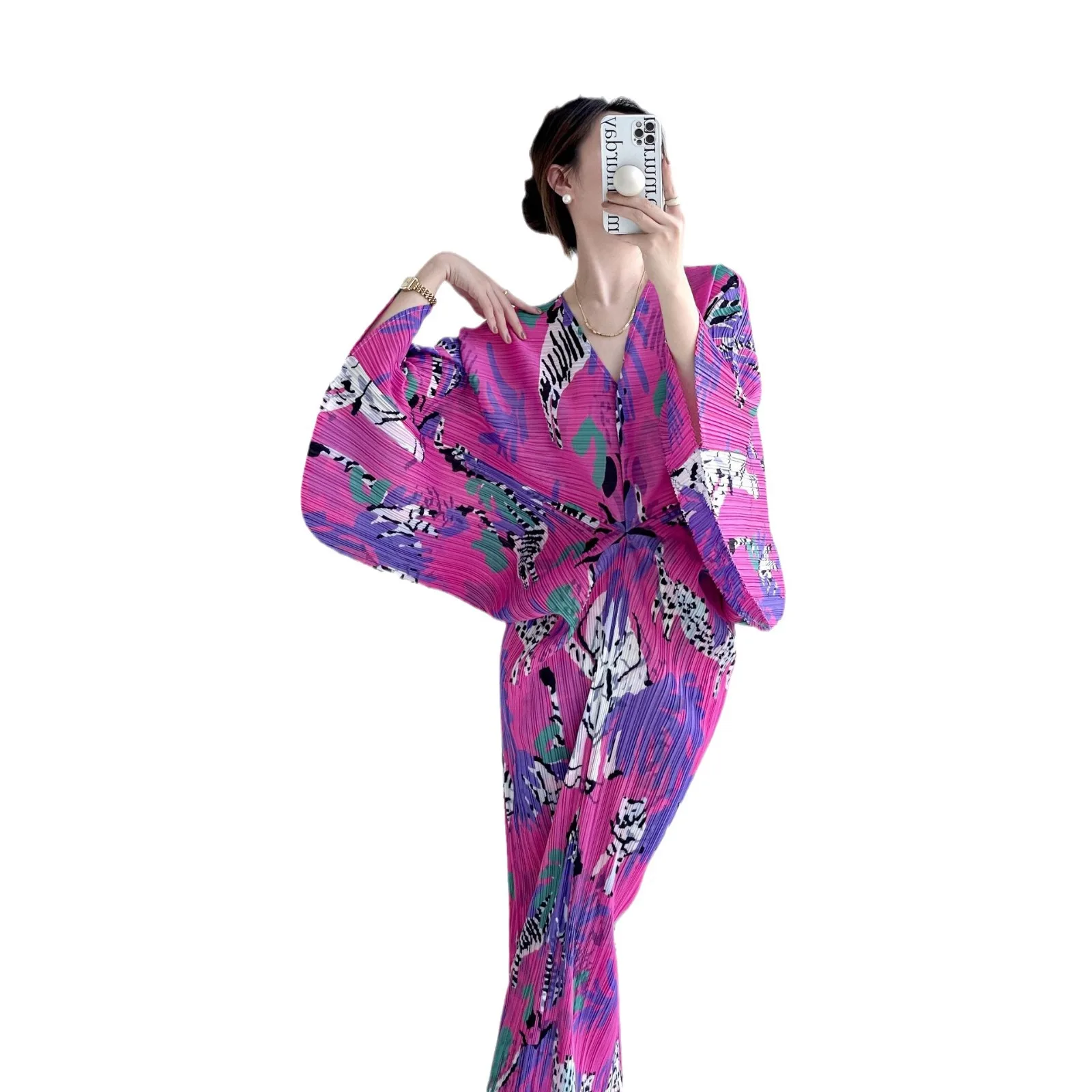 

Miyake 2025 Fashion Printed V-Neck Batwing Sleeve Elastic Slim Waist Pleated Dress for Women Elegant Chic New Clothing