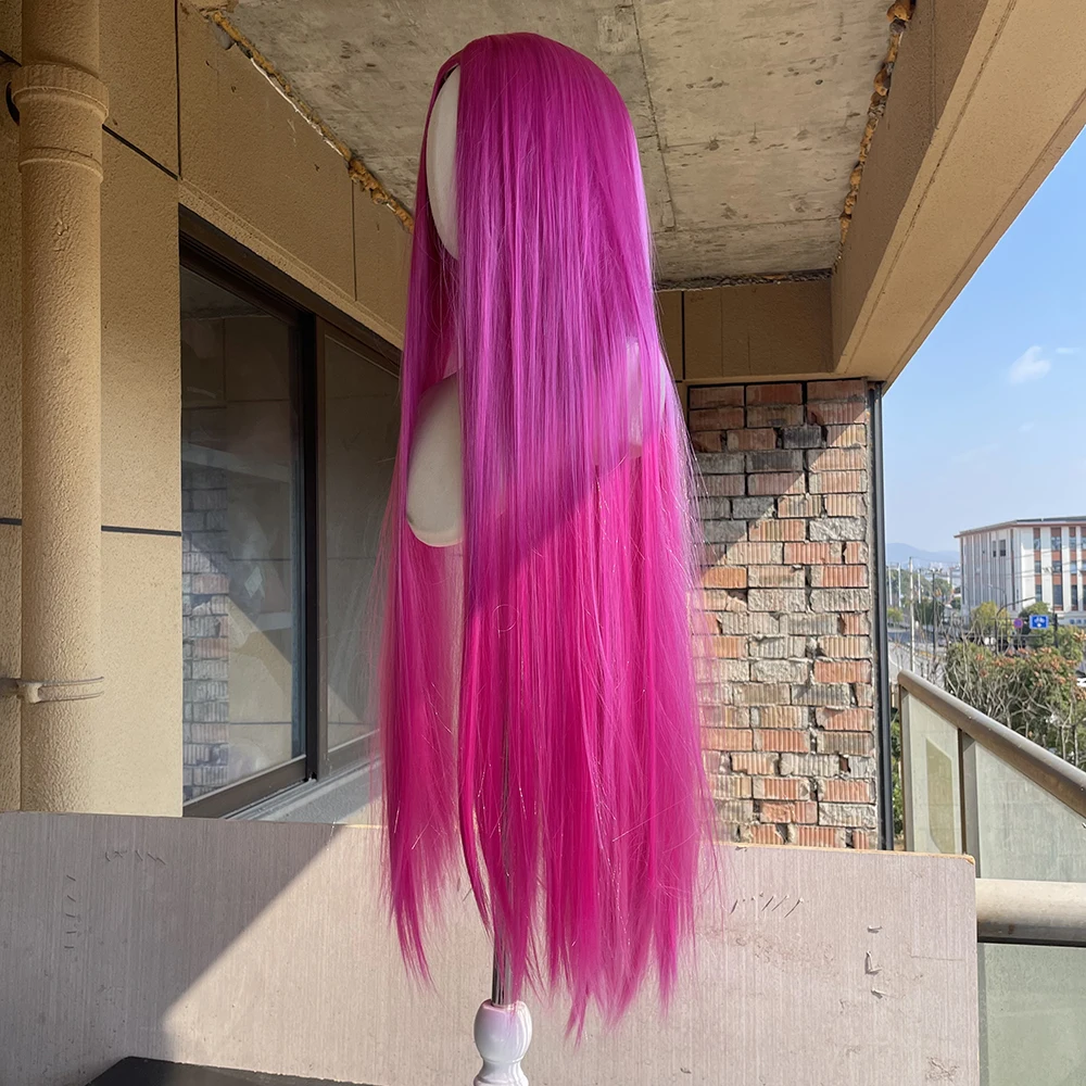 100cm Long Straight Cosplay Wig Centre Parting Central Split Rose Red Heat Resistant Synthetic Hair Wigs Free Wig Cap