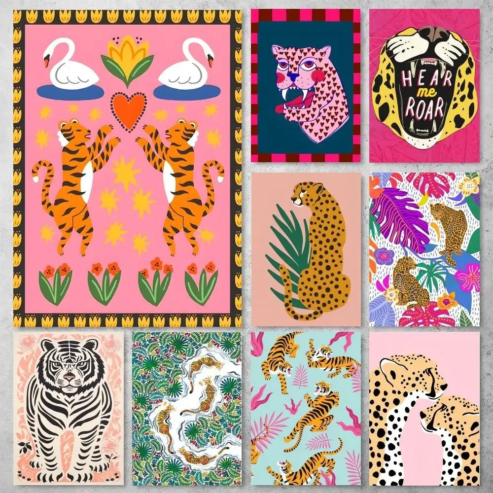 Póster de Papel Blanco con Diseño de Leopardo Salvaje y Tigre, Impresión de Alta Calidad, Adhesivo de Pared Impermeable para Bar o Sala de Estar