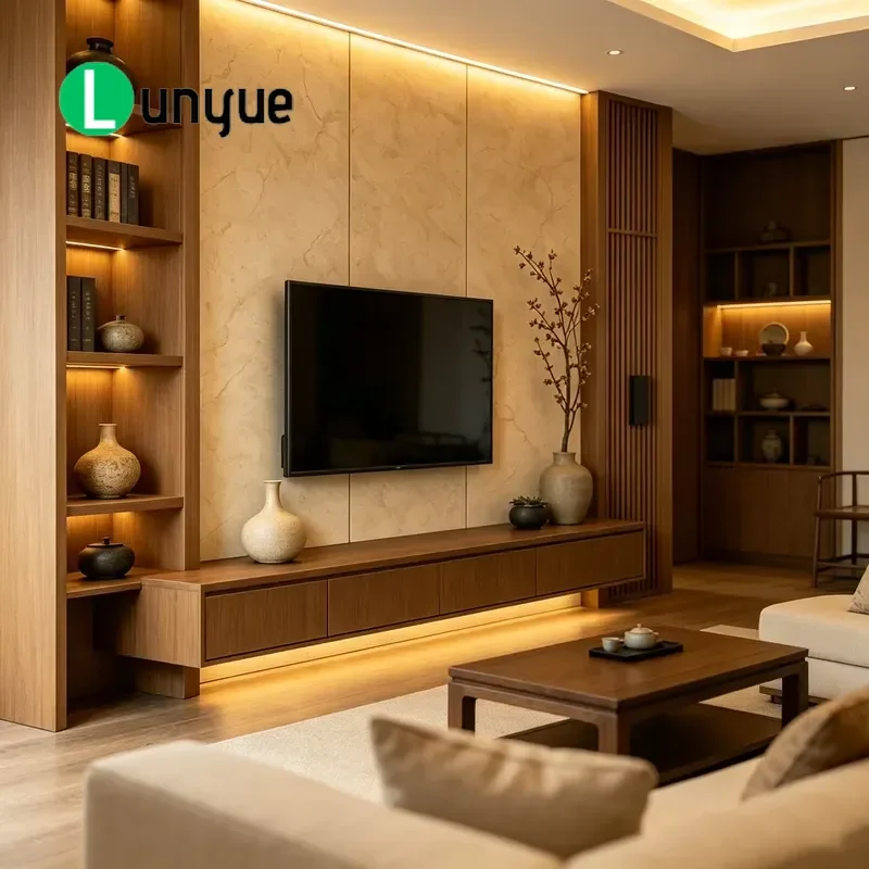 Solid Wood Floating TV Cabinet with Warm LED Lights Simple Song Style Living Room TV Stand and Coffee Table Combination