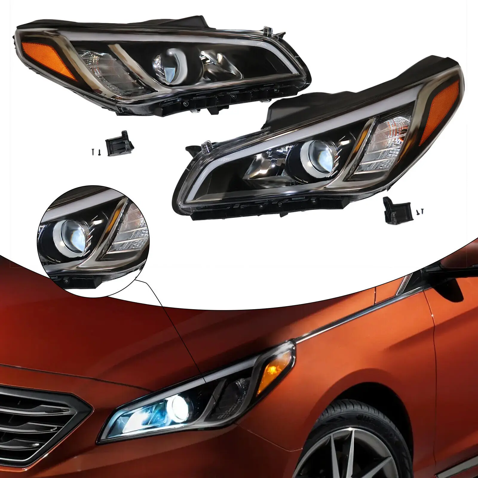 Pair Halogen Headlights Headlamps Left + Right for Hyundai Sonata 2015 2016 2017 1.6L 2.0L 2.4L 92101C2000 92102C2000