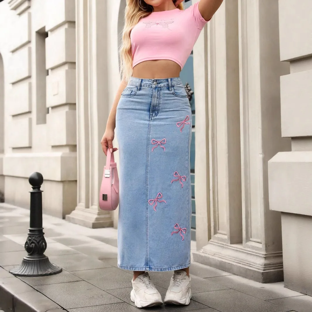 2026 New Fashion Women's Bows High Waist Denim Skirt