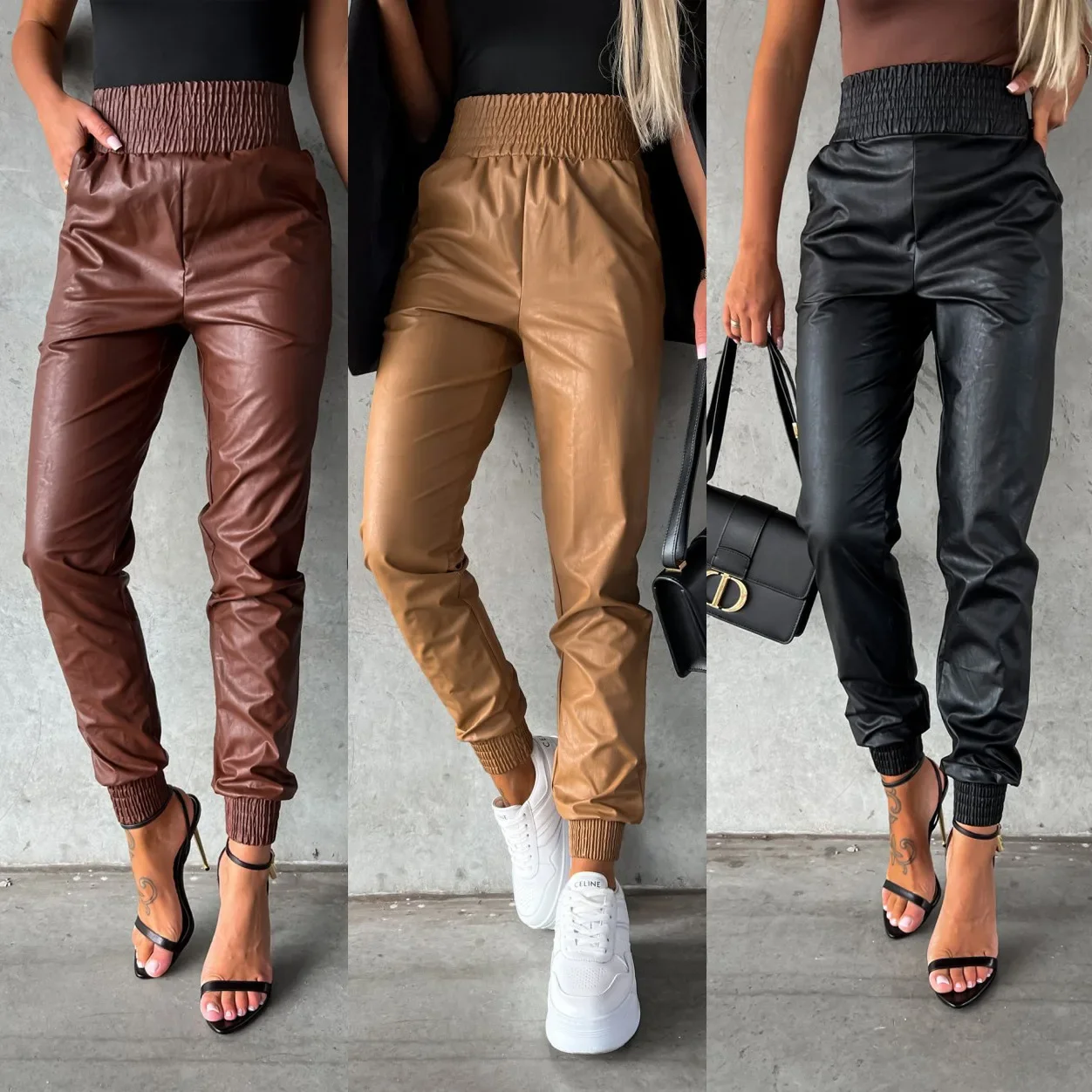 Street Trend Locomotive Autumn Winter Models Waist Casual Leather Women's High Waist Fit Solid Color Street Fashion Long Pants