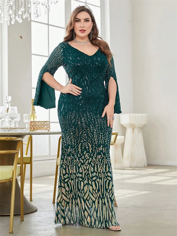 Plus Size Elegant Sequin Black Evening Dress 2025 Women Formal Maxi Prom Long Sleeves Party Luxury Cocktail Dress image 3