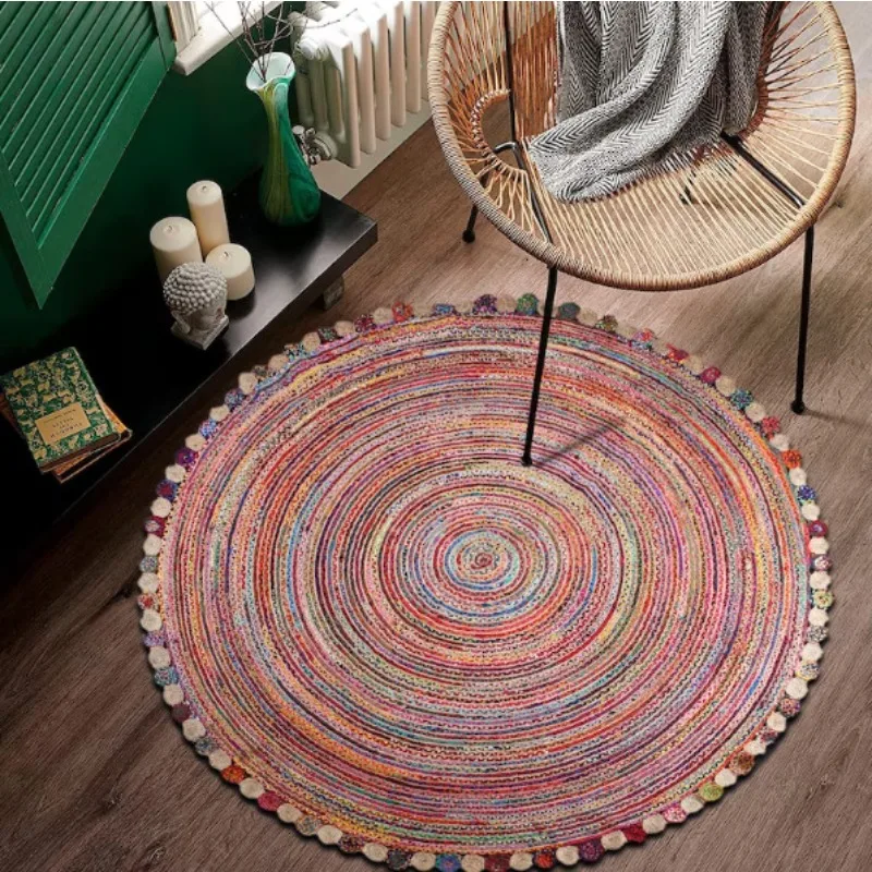 Rug Jute & Cotton Handmade Reversible Round Area Carpet Rustic Look Modern Rug