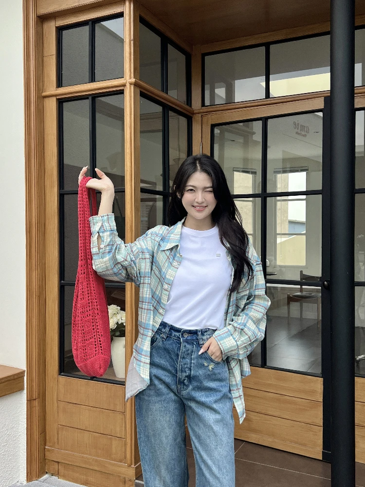 

ESLEUNG American Retro Plaid Patchwork Distred Collar irt Spring Summer New Sle Women's Loose Fit Pure Cotton Long Sle...