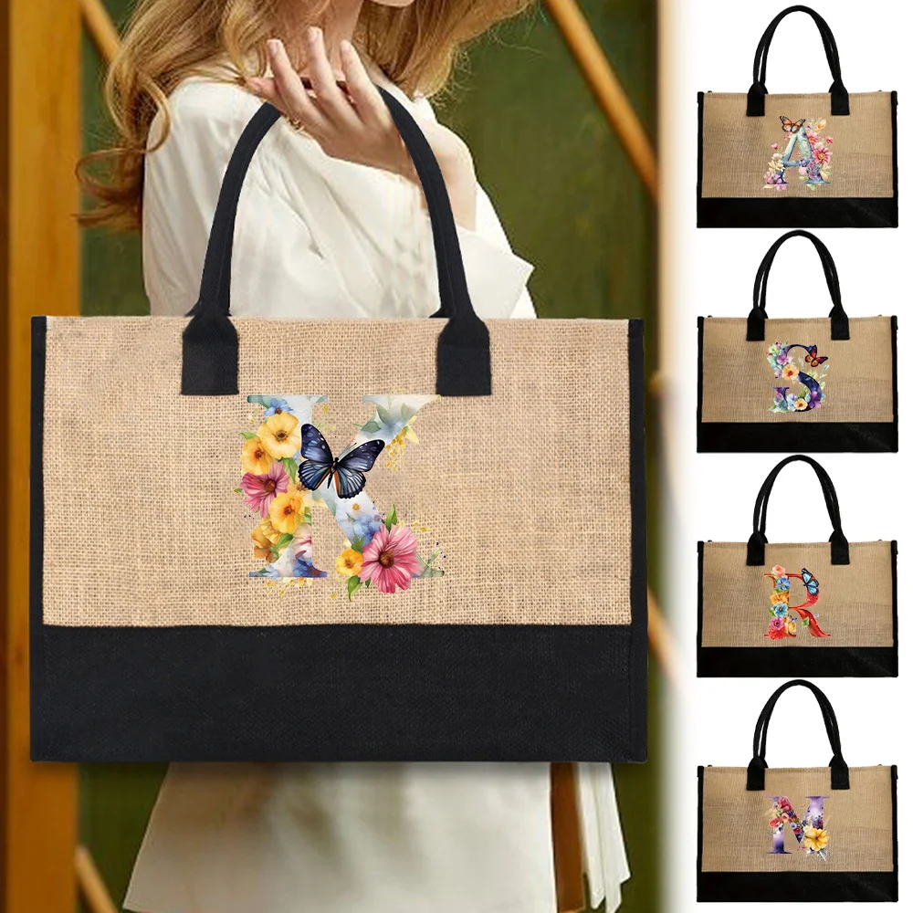 

Tote Bag Jute Handbag Portable Shoulder Shopping Casual Beach Bags Large Capacity Grocery Bags Printing Butterfly Letter Series