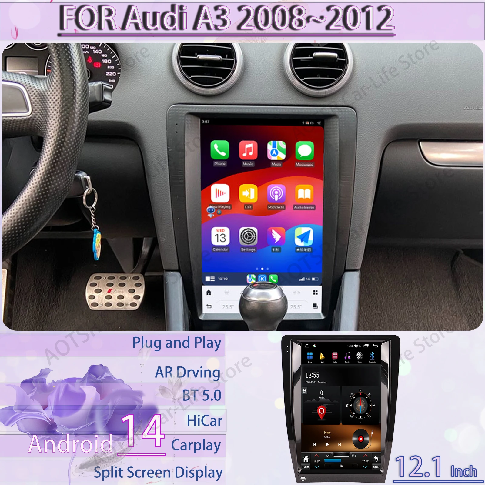 12.1Inch LHD RHD Al Voice Android Auto For Audi A3 2008~2012 Car GPS Navigation Touch Screen Multimedia Car Radio IPS Head Unit