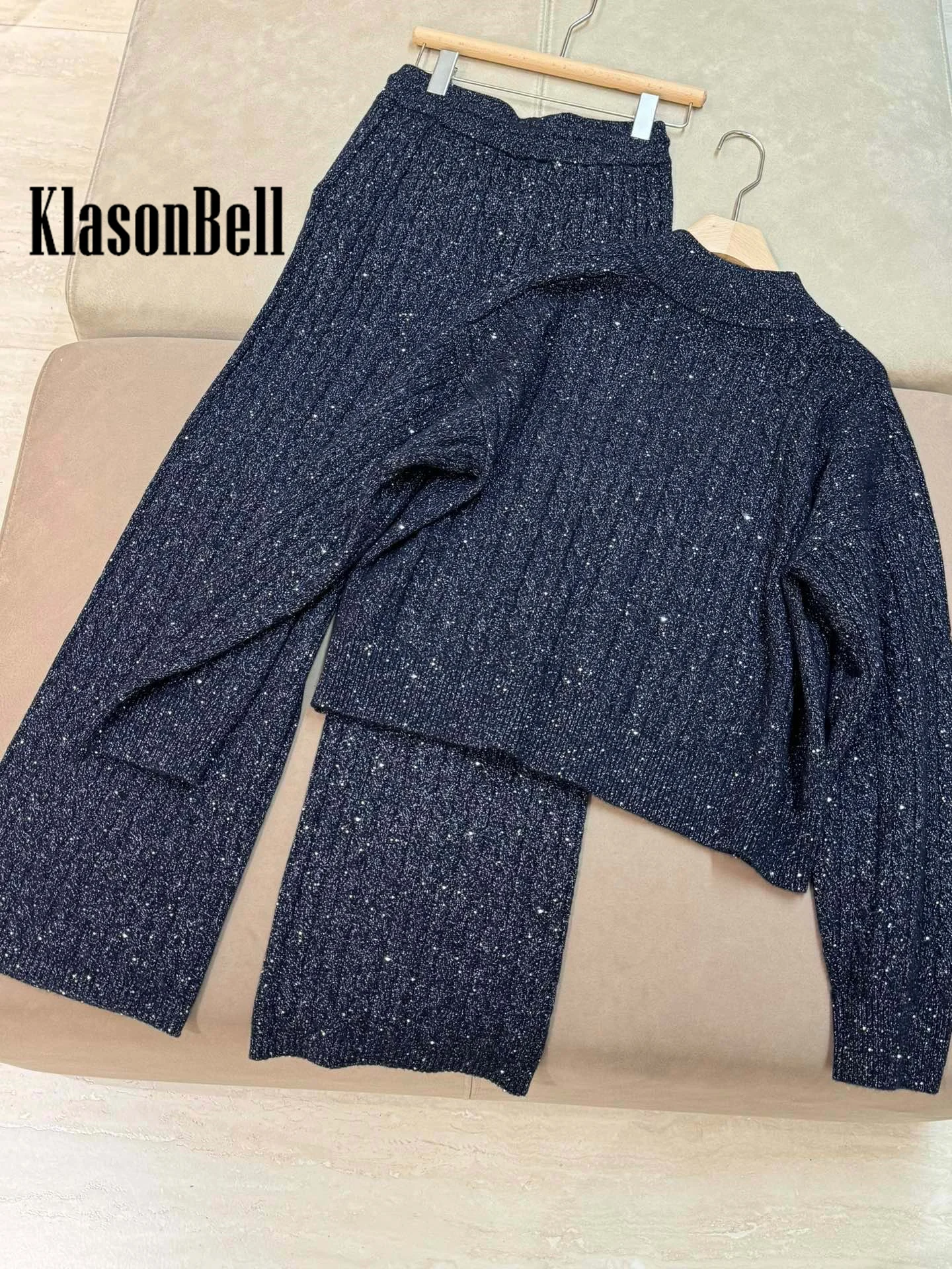 11.20 KlasonBell Fashion Bling Sequins Bright silk Cashmere Knit Set Stand Collar Zipper Cardigan + Elastic Waist Pants Women