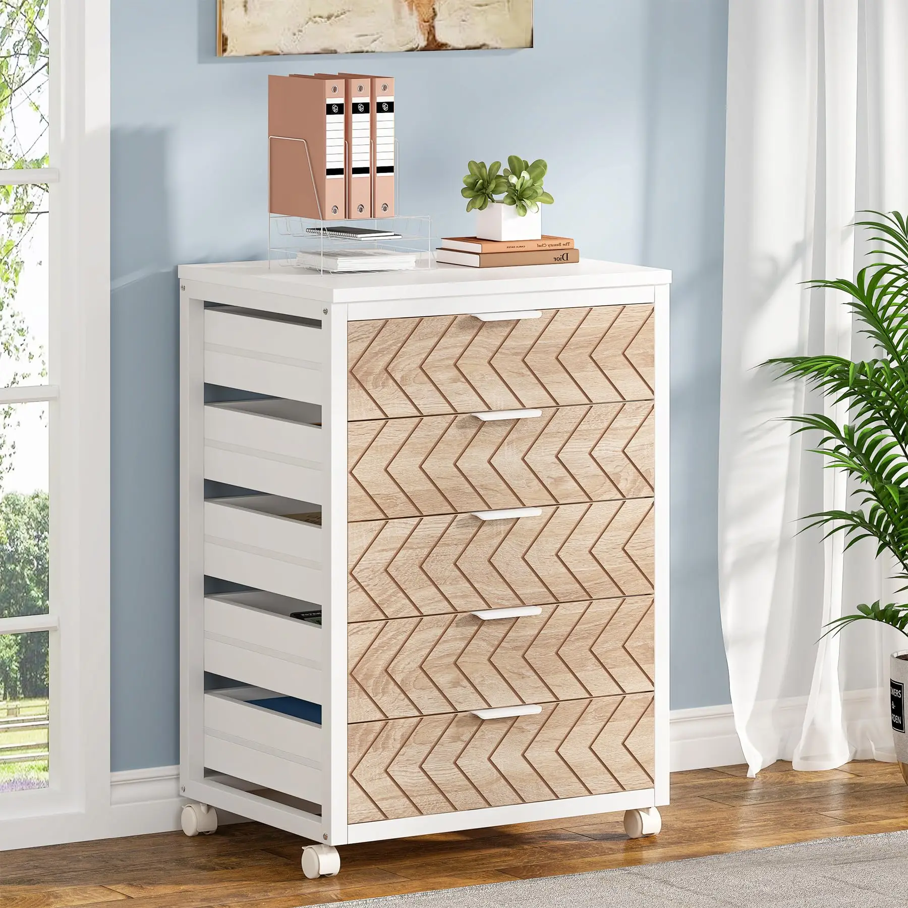 5-Drawer File Cabinet, Wood Mobile Storage Unit, Beige & White