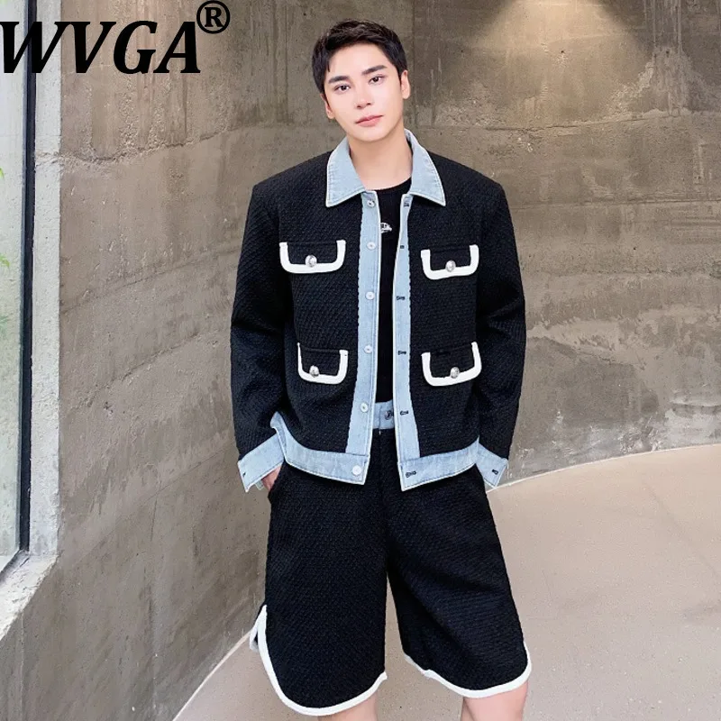 

WVGA Spring Autumn New Man Coat Patchwork Denim Trendy Niche Chic Casual Shorts Turn-Down Collar Jacket Two-Piece Set Ins W12238