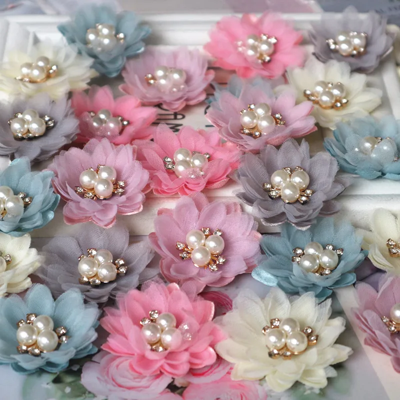 5Pcs/Lot 5CM Pearl Center Handmade Fabric Flowers DIY Decorations For Wedding Party DIY Accessories Craf Supplies