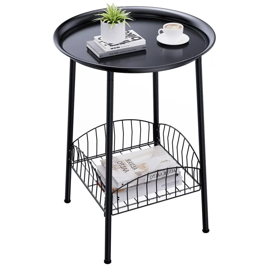 

Маленький уличный приставной столик, двухъярусный круглый металлический стол для патио, акцентный столик, водонепроницаемый, устойчивый к атмосферным воздействиям, для двора, веранды