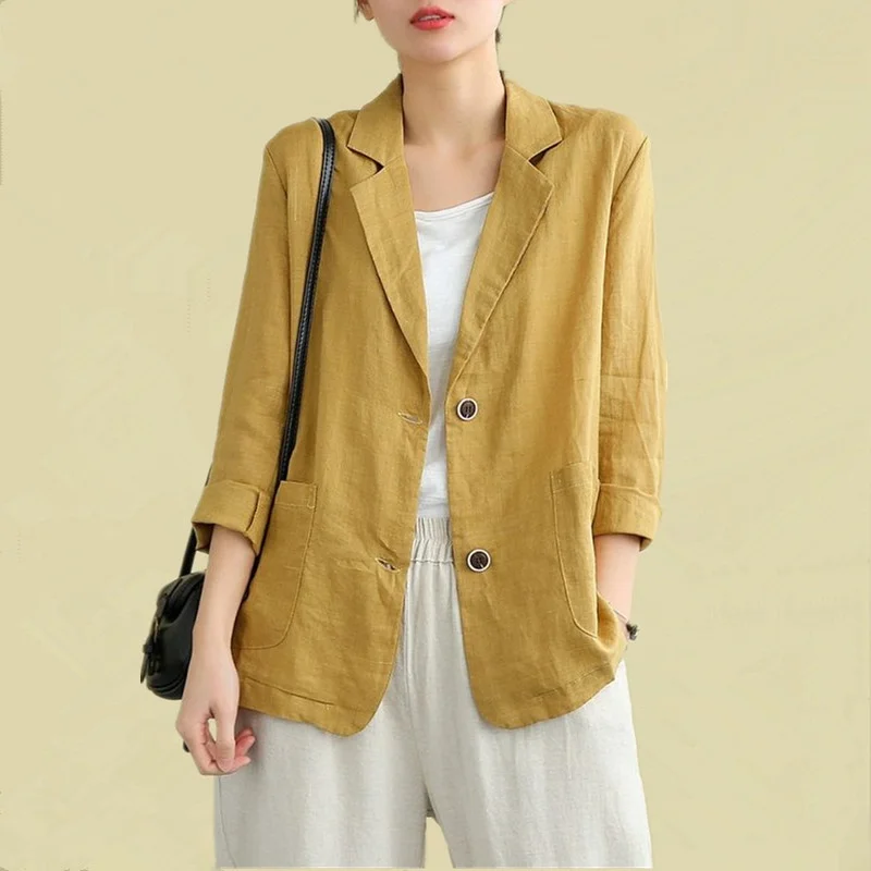 

Casual Long Sleeve Linen Suit Jacket Versatile Spring Commute Style Loose Fit Pure Cotton Button Pocket Detail Color