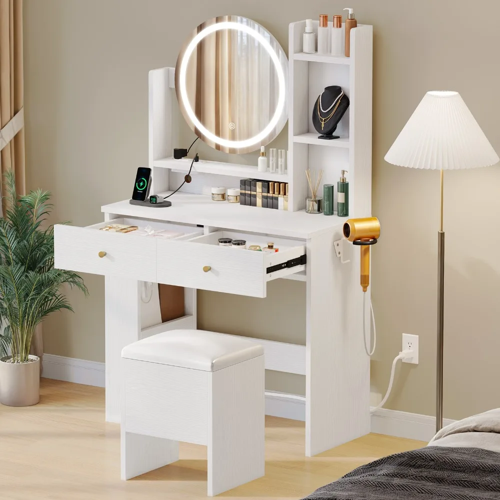 

White Makeup Vanity Desk Set with Storage Stool