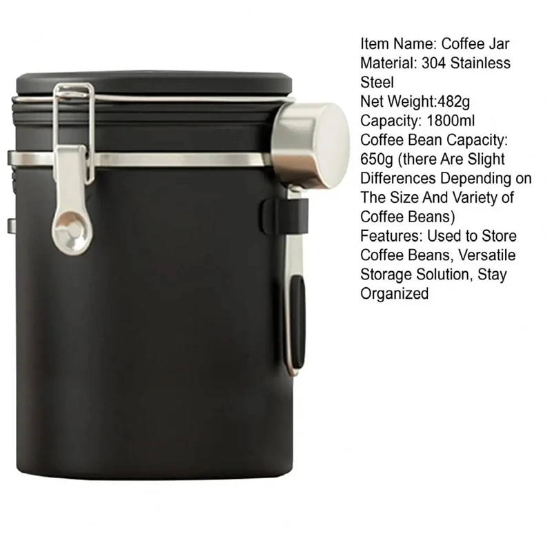 1800ML Stainless Steel Coffee Canister Airtight Container With Date Tracker Measuring Spoon Freshness Lock Kitchen