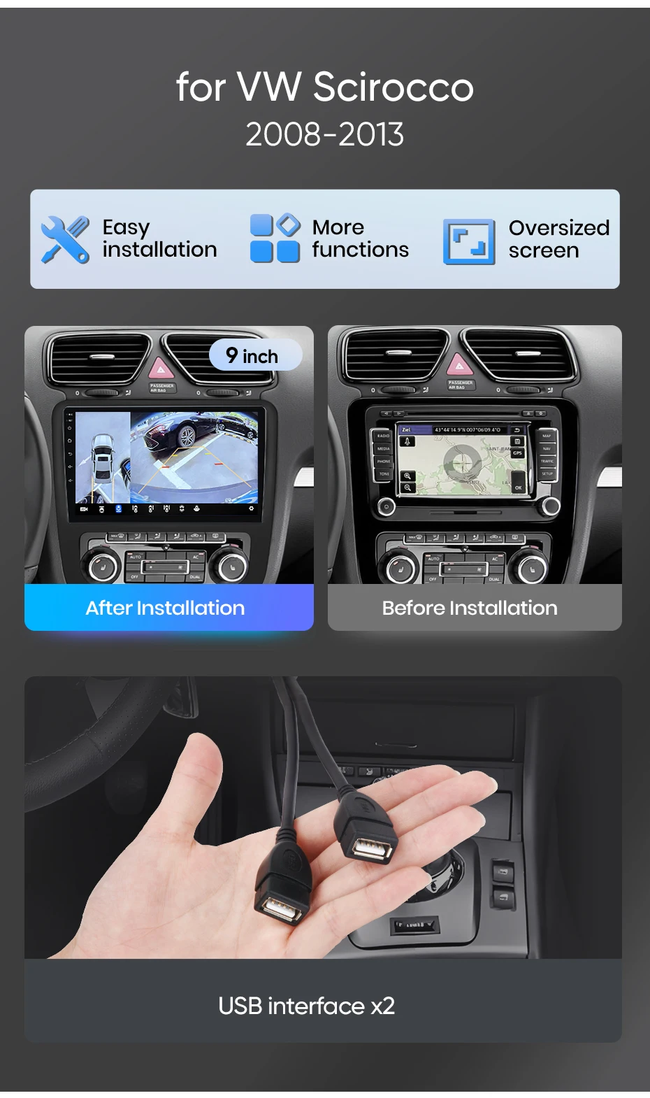 Junsun Autoradio für Volkswagen Scirocco 2008-2013 mit CarPlay, Android Auto, FM, RDS, DSP, BT, GPS-Navigation, Lenkradfernbedienung, HD IPS Touchscreen, Plug & Play Multimedia-Player, Freisprechfunktion, Original-Autostil-Haupteinheit – Detail 2
