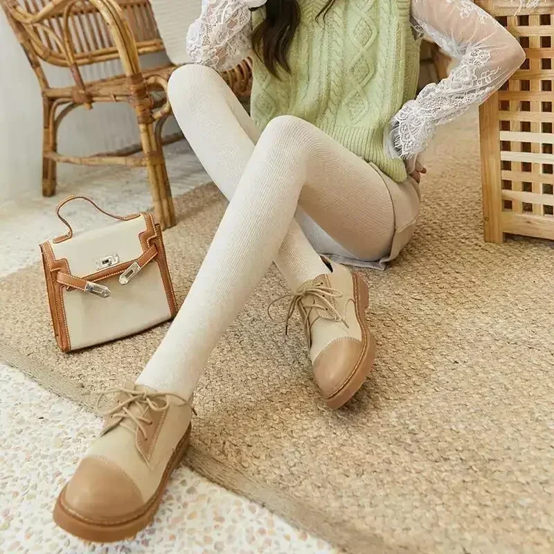 Mallas de invierno para mujer, pantalones ajustados cálidos de terciopelo con calcetines, mallas de avena lisas ajustadas elásticas de algodón