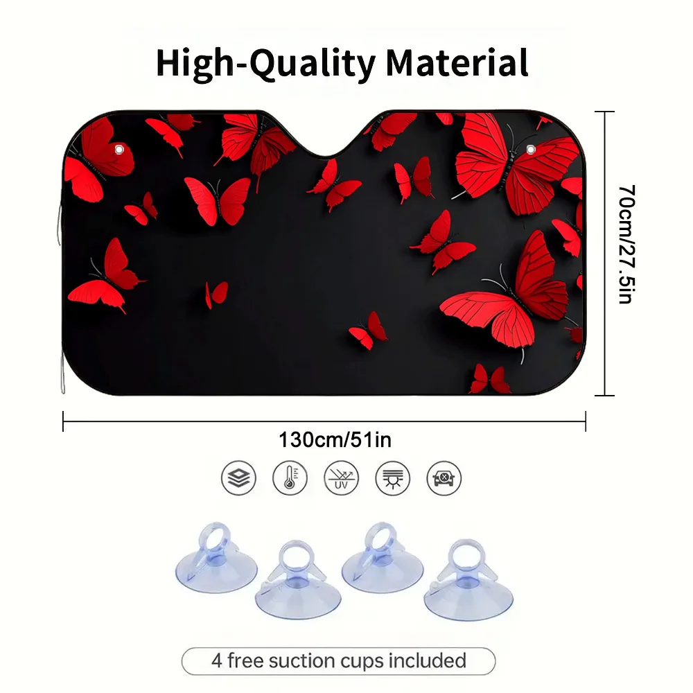 1pc Red Butterflies On Black Background Car Sun Visor | Perfect For Hot Weather, Reduces Interior Temperature, Maintains Comfort