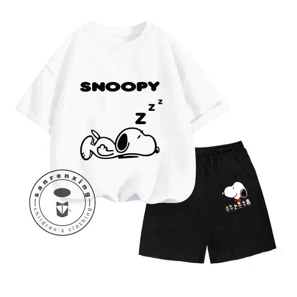 Snoopy Fan Favorite Cartoon Animated Print Design O-neck Youth Lively Short Sleeve and Comfy Shorts Kids Summer Two-piece Set