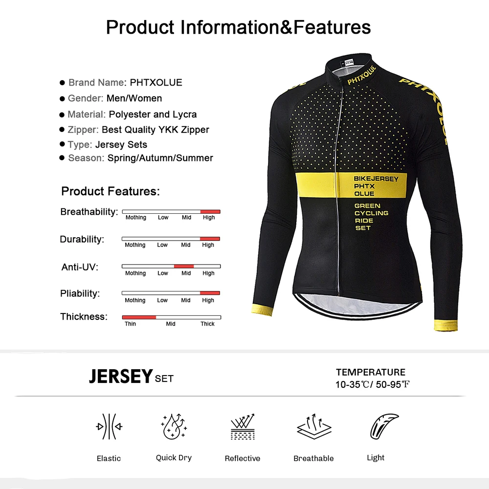 Phtxolue Cycling Set Men Cycling Clothing Bike Clothing Breathable Anti-UV Bicycle Wear Long Sleeve Cycling Jersey Sets Kit