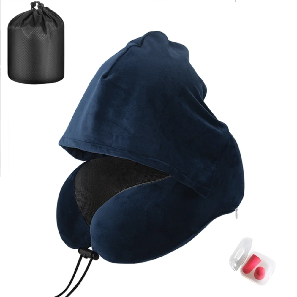 

U-shaped Hooded Travel Pillow With Zippered Removable Hood Memory Foam Pillow With Storage Bag And Earplugs Lightweight
