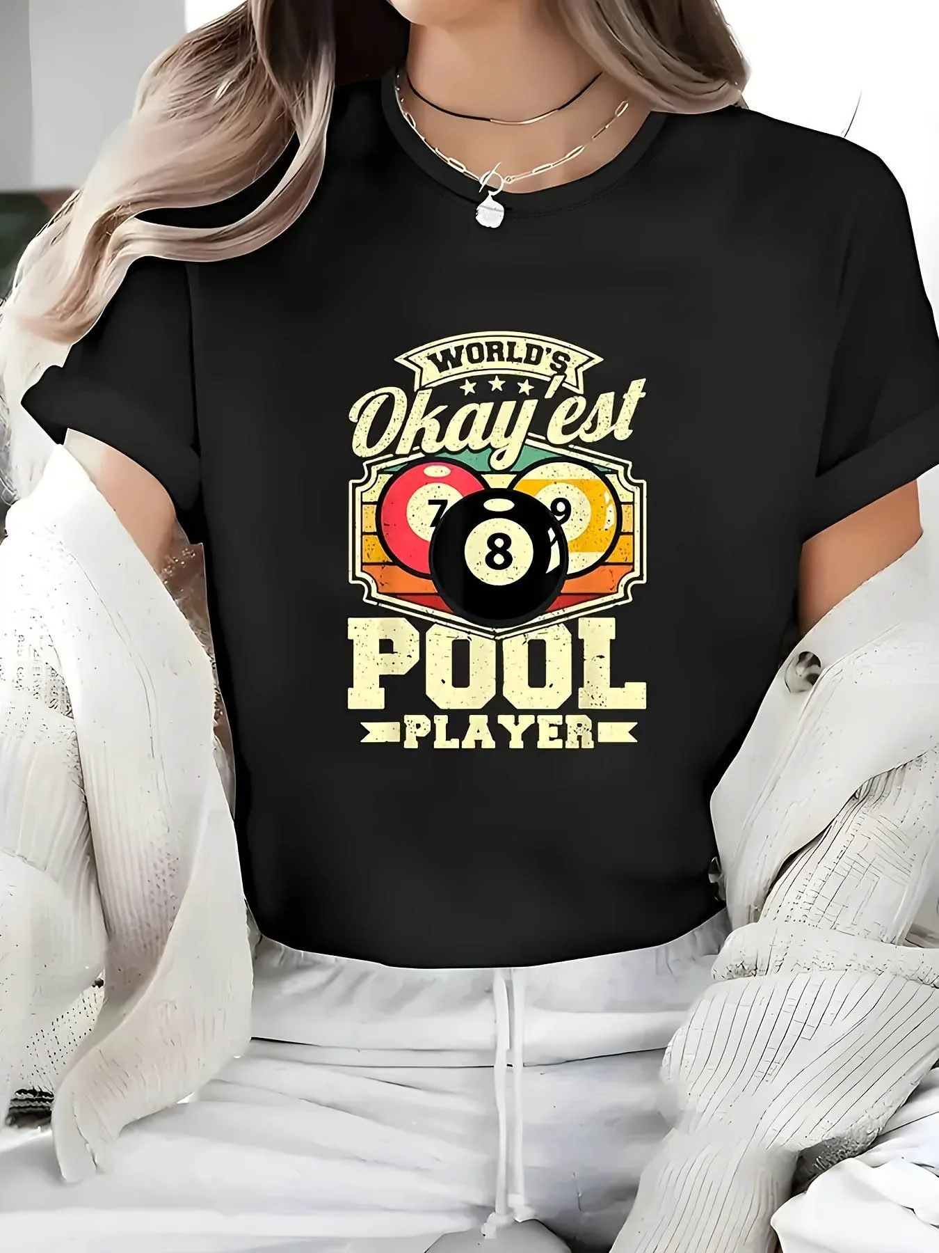 WORLDS Okayest Pool Player Funny Gift Women Short Sleeve Round Neck T Shirt Casual Summer Holiday Club Tee