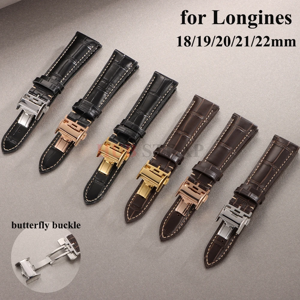 Correa de reloj de 18mm, 19mm, 20mm, 21mm y 22mm, correa de piel de vaca para hombres y mujeres, cierre de mariposa Longines, accesorios universales para reloj