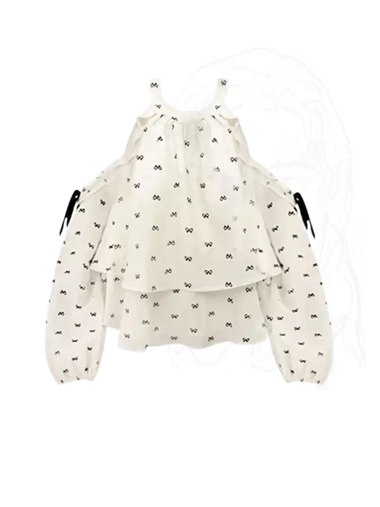 

Женская шифоновая блузка с открытыми плечами, Повседневная Свободная блузка с геометрическим принтом, модель Y2k в Корейском стиле на осень