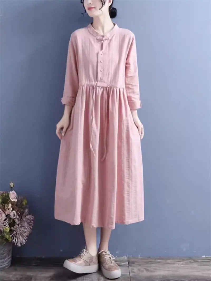 

2024 Spring And Autumn High End Long Dress Women's Cotton Linen Retro Plate Button French Pink Long Sleeve Dress K1895