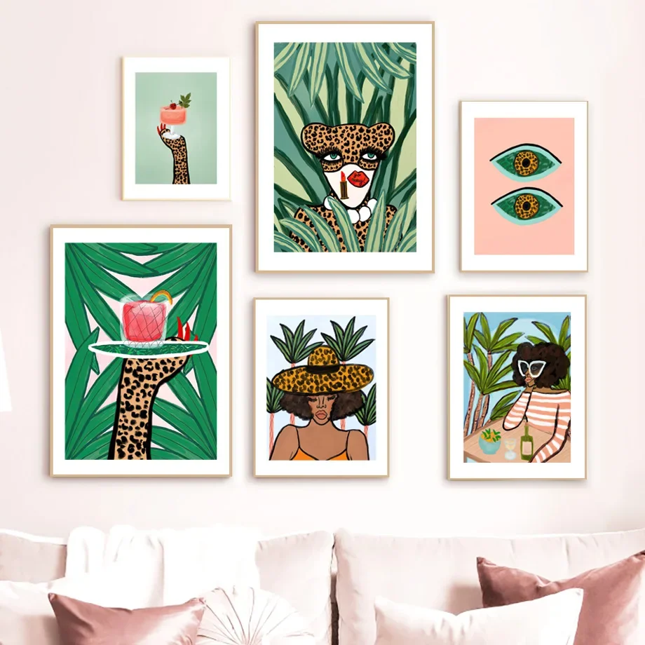 Abstract  Leopard Element Green Plant Wall Art Canvas Painting Fashion Holiday Style Poster For Livingroom Bedroom  Home Decor