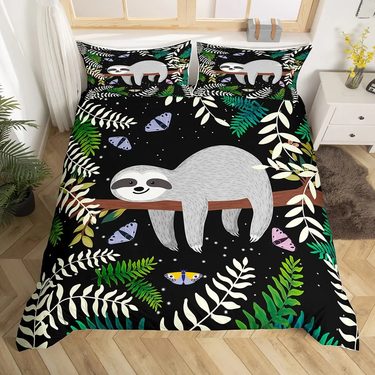 Cute Sloth Duvet Cover Set, Sweetly Smiling Animal Decorative 3 Piece Bedding Set with 2 Pillow Shams, Twin Full Queen King Size