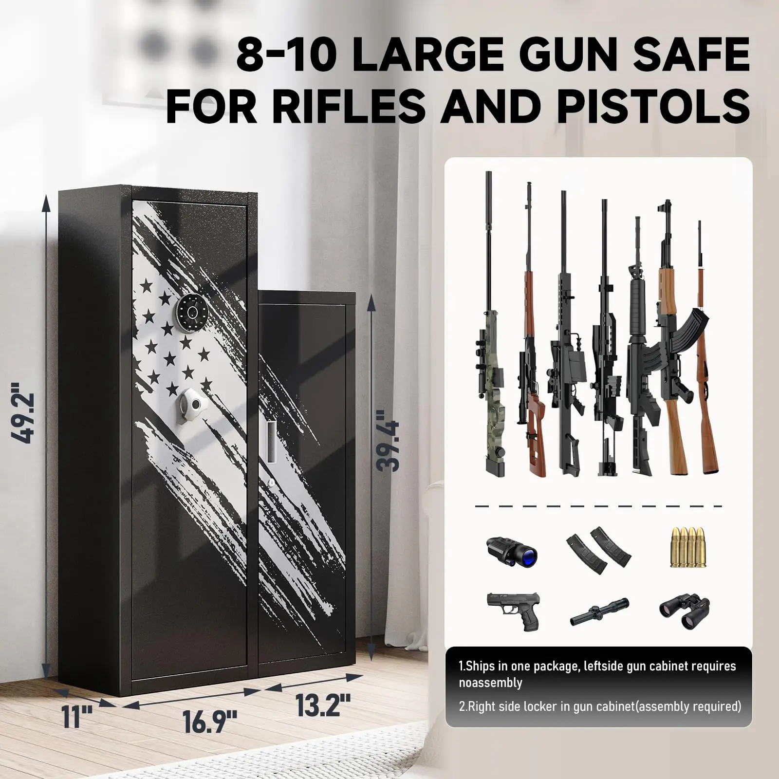 KAER 8-10 Gun Safe, Large Gun Safe for Rifles and Pistols, Quick Access Home Gun Rifle Safe and Storage Gun Cabinet with 4 Pisto