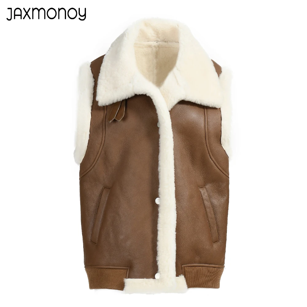 

Jaxmonoy Women Real Shearling Vest Sheepskin Waistcoats 2022 New Style Lamb Fur Warm Jacket Solid Turn-Down Collar Vests Fall