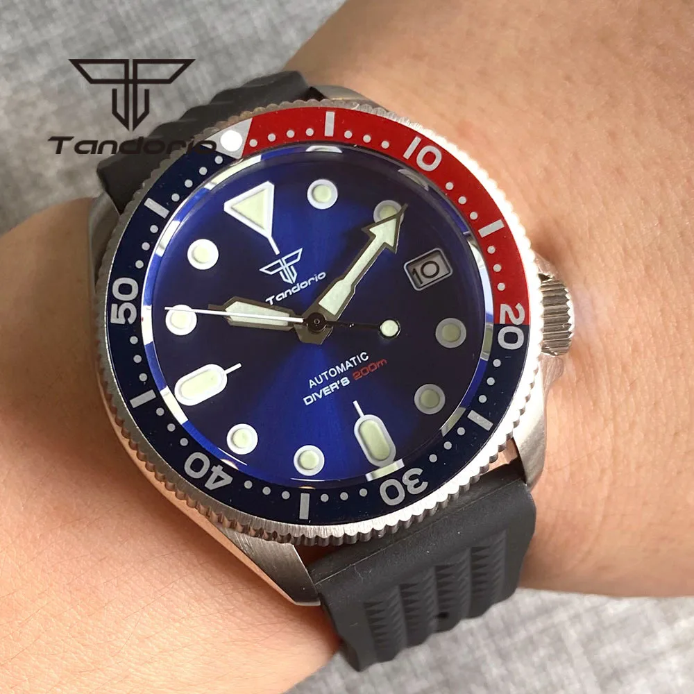 Tandorio Nh35a 37Mm Automatisch Herenhorloge 3.8 Schroefkroon Blauw/Zwart Wijzerplaat Groen Lichtgevend Saffier Glas Auto Datum Rubberen Band