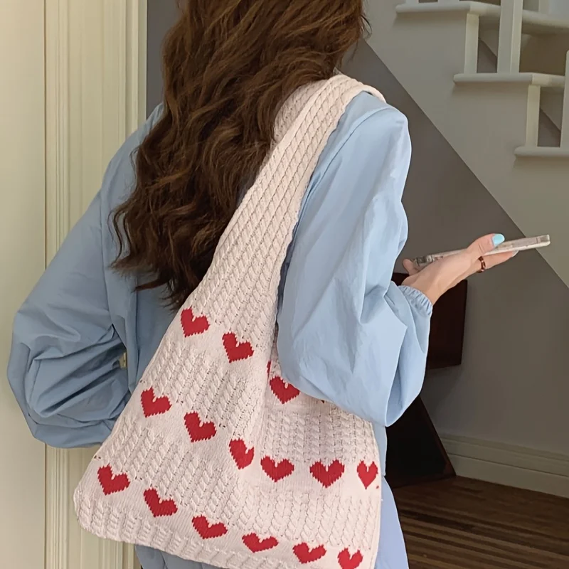 1 Stück Neue Liebesmuster-Stricktasche mit Großer Kapazität, Modische Damen-Schulterhandtasche für Tägliche Einkäufe und Aufbewahrung – Detail 2