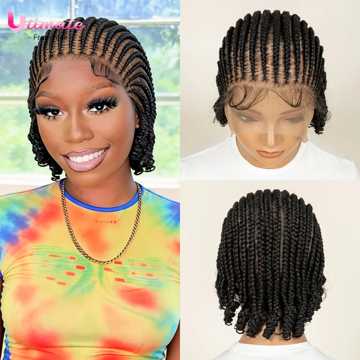 Protective Cornrow Braided Wig Synthetic Full Lace with Baby Hair Knotless Braided Wigs Easy to Wear for Black Women