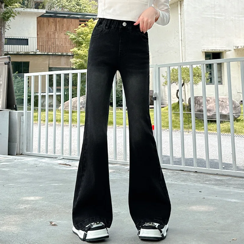 Baby Girl Pants Girls Bell-bottoms 2024 Fall New Style Elastic Micro Cropped Pants Medium and Large Fashionable Jeans and Pants