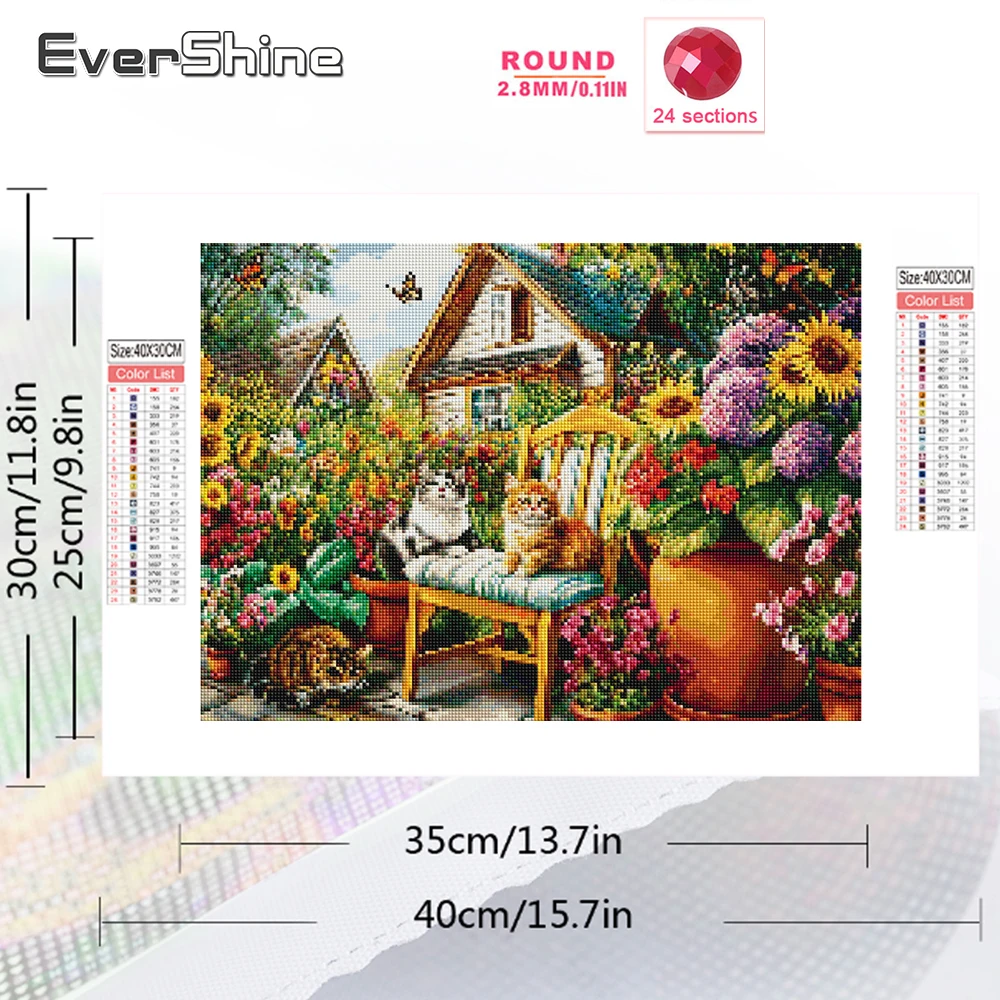 Evershine Diamant-Stickerei Landschafts-Strassbild Mosaik Garten Vollflächiges Quadratisches Gemälde Katze DIY-Set Handgemachtes Geschenk