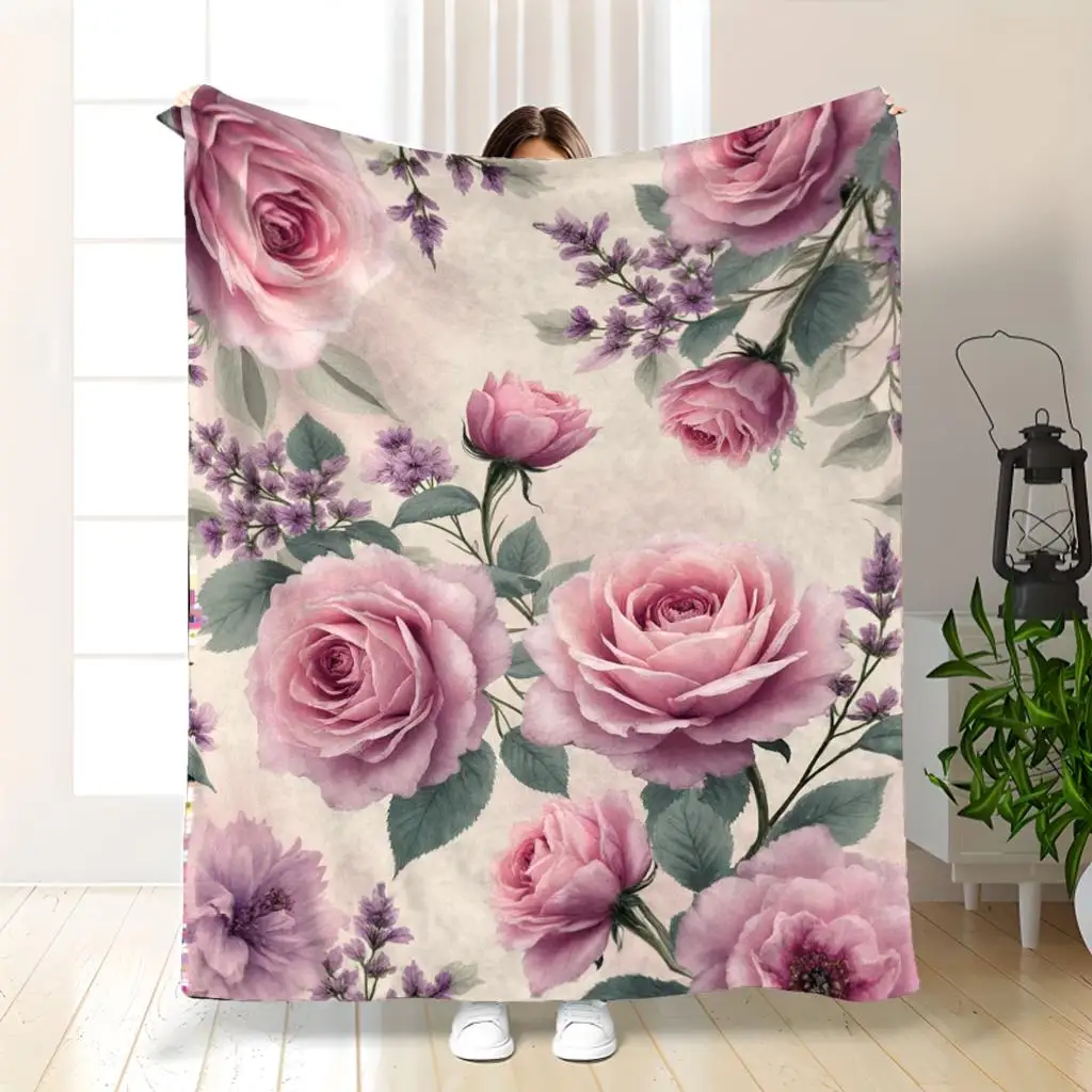 

Одеяло с цветочным принтом розовой розы, винтажный ботанический дизайн с лавандой и зелеными листьями, мягкий флисовый плед для декора спальни