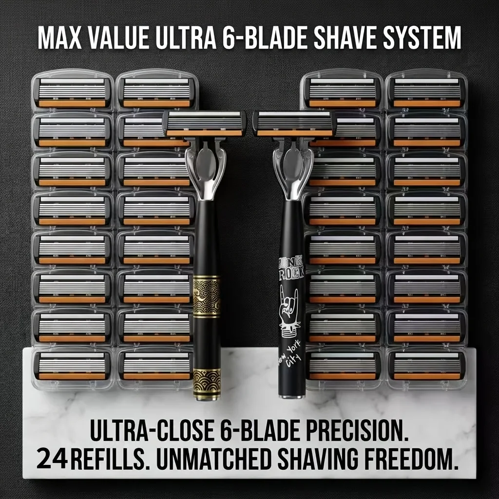 Men's Manual Safety Razor Set, Featuring 6-Layer Stainless Steel Blades, Long-Term Use, Men & Women Suitable Great Gift Idea.