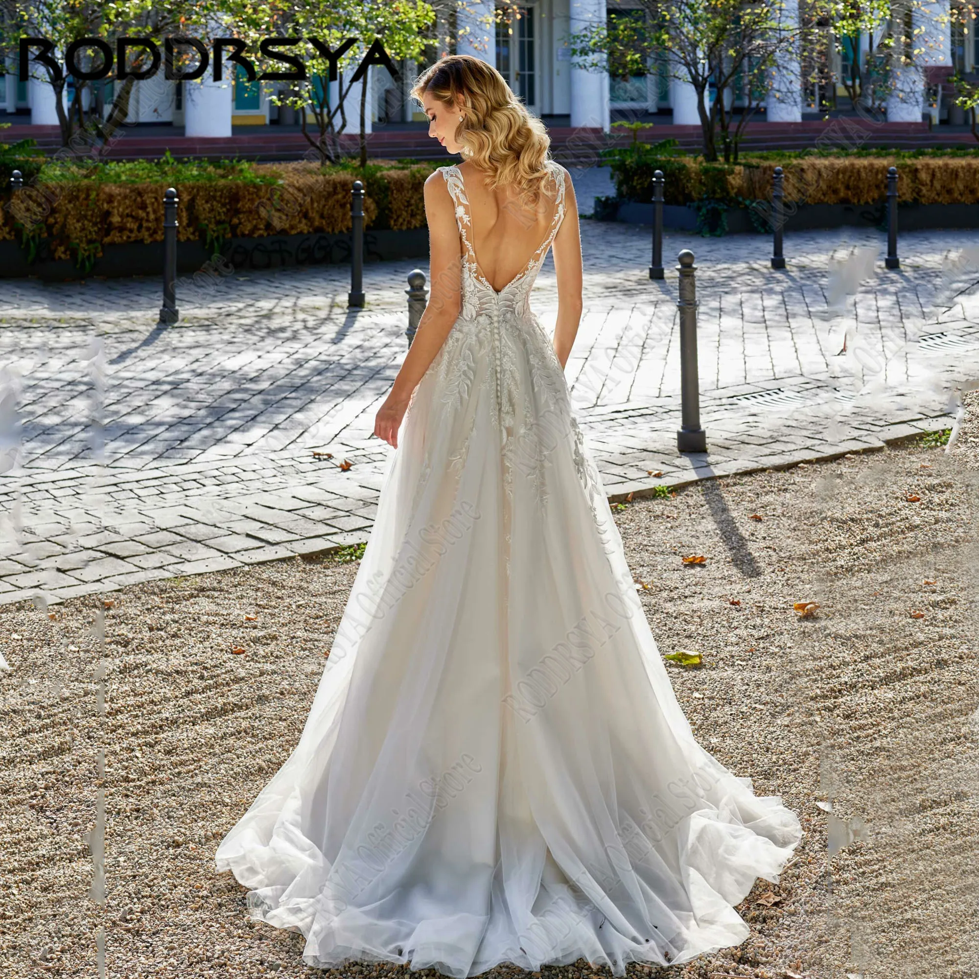 RODDRSYA abito da sposa in pizzo Applique per donna scollo tondo Backless senza maniche Boho abiti da sposa paillettes a-line Vestidos De NoviaRODRSYA Applique Pizzo Abito da sposa per la donna Tondo collo senza manich