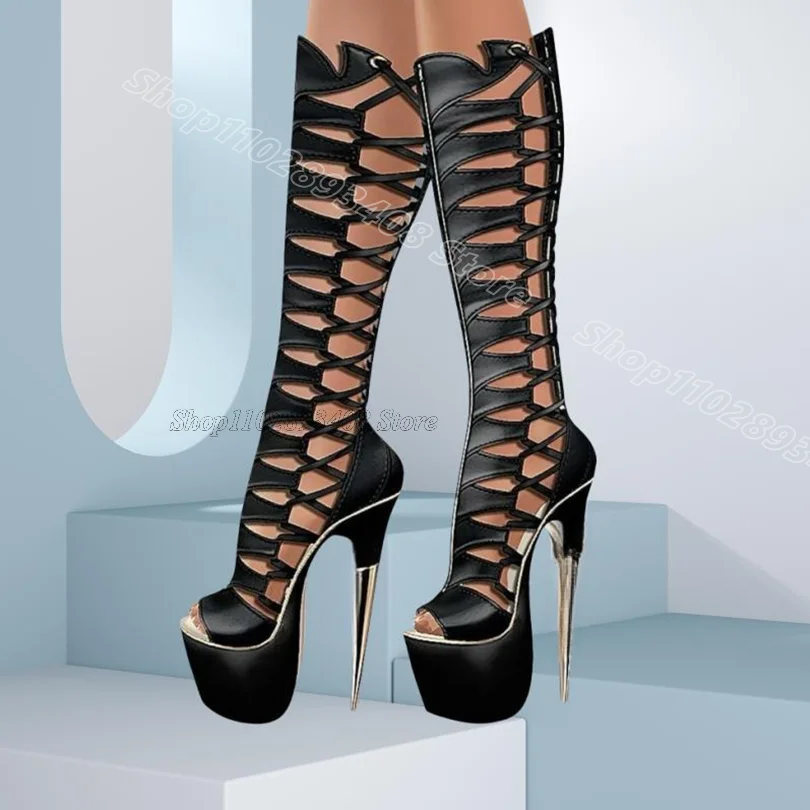 Sandali con tacco in metallo nero Stivali con punta aperta Piattaforma cava stile britannico Cerniera posteriore Stivali da festa moda donna Zapatos Para Mujere