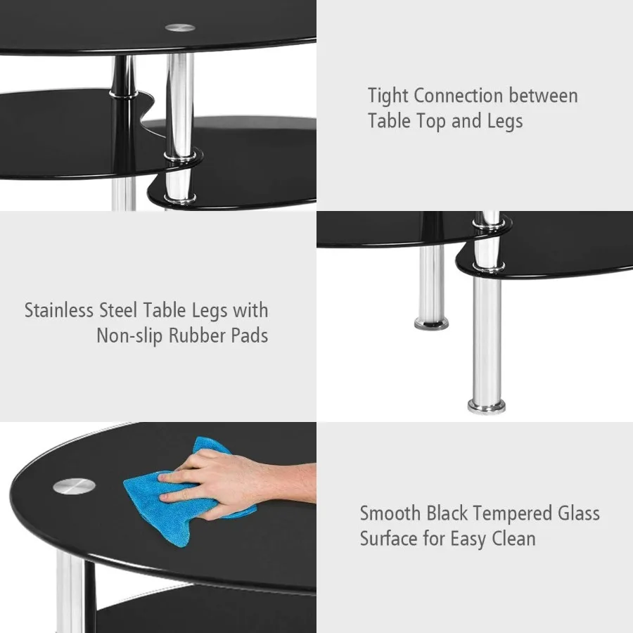 Стеклянный журнальный столик, стеклянные полки в современном стиле со стальными ножками для гостиной, коктейльный чайный столик (черное стекло)