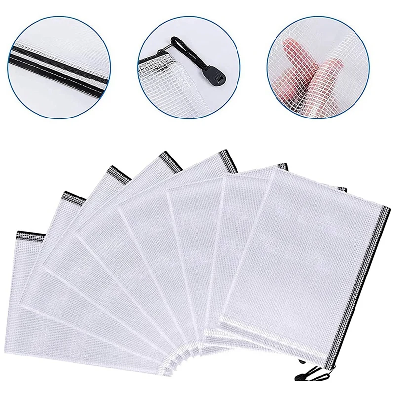 12 Pcs Zipper File Bag A4 Zipper Mesh Bag Board Game Storage Bag PVC File Bag Office Supplies Storage Bag (34Cmx24cm)