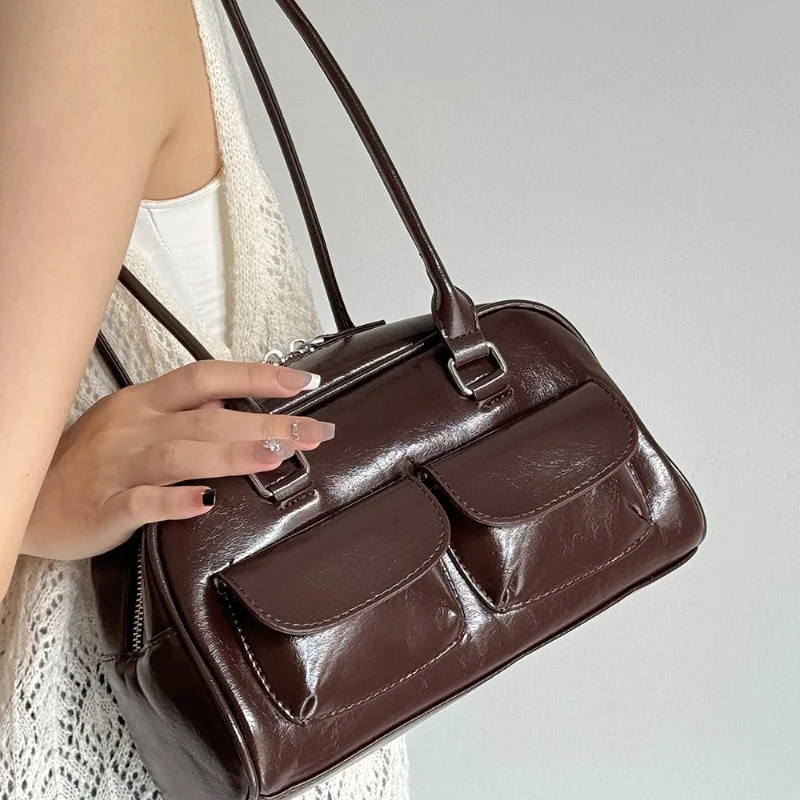 Vintage Women Business Shoulder Bag Simple Ladies Commute Tote Bag Pu Leather Female Underarm Bag Burgundy Large Handbags Purse 