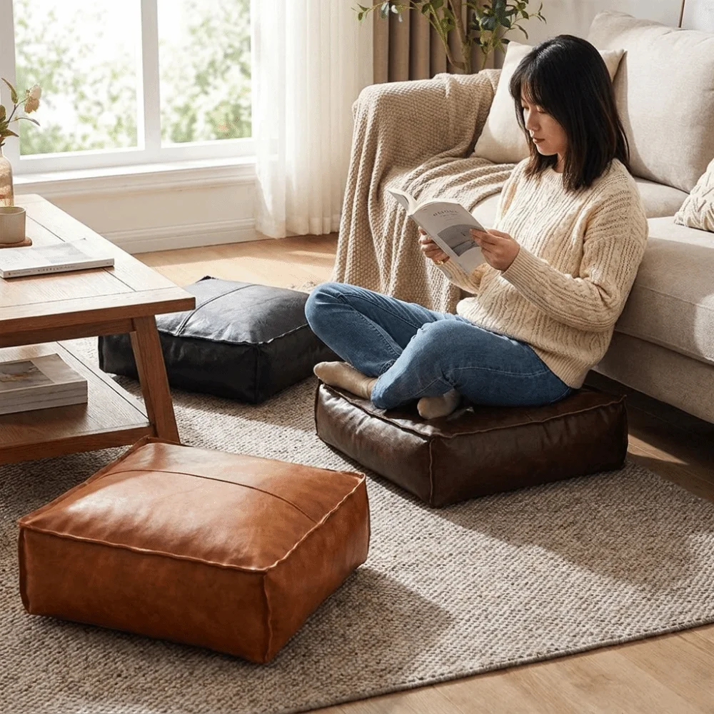 Large Capacity Square Pouf Cover Removable No Fillings Storage Leg Bench Solid Color Minimalist Sofa Stool Cover Entryway