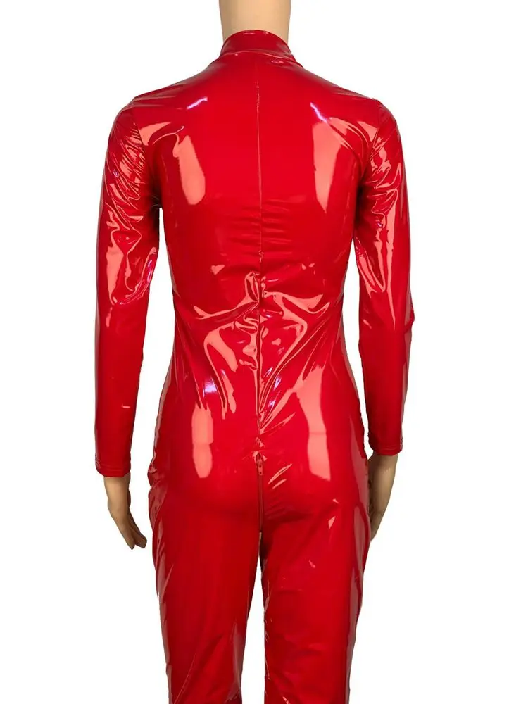 S-5XL Unisex Wet Look PVC Catsuit Shiny PU Leather Two Way Zipper Open Crotch Bodysuit Tights Cosplay Leotard Conjoined Jumpsuit