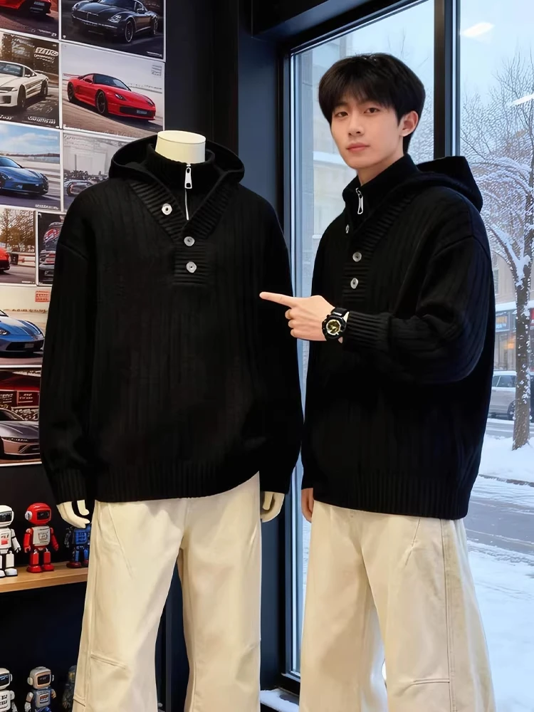 

Мужской зимний утепленный вязаный свитер с высоким воротником и капюшоном, на молнии, в корейском стиле, имитация двухслойности, стандартный крой